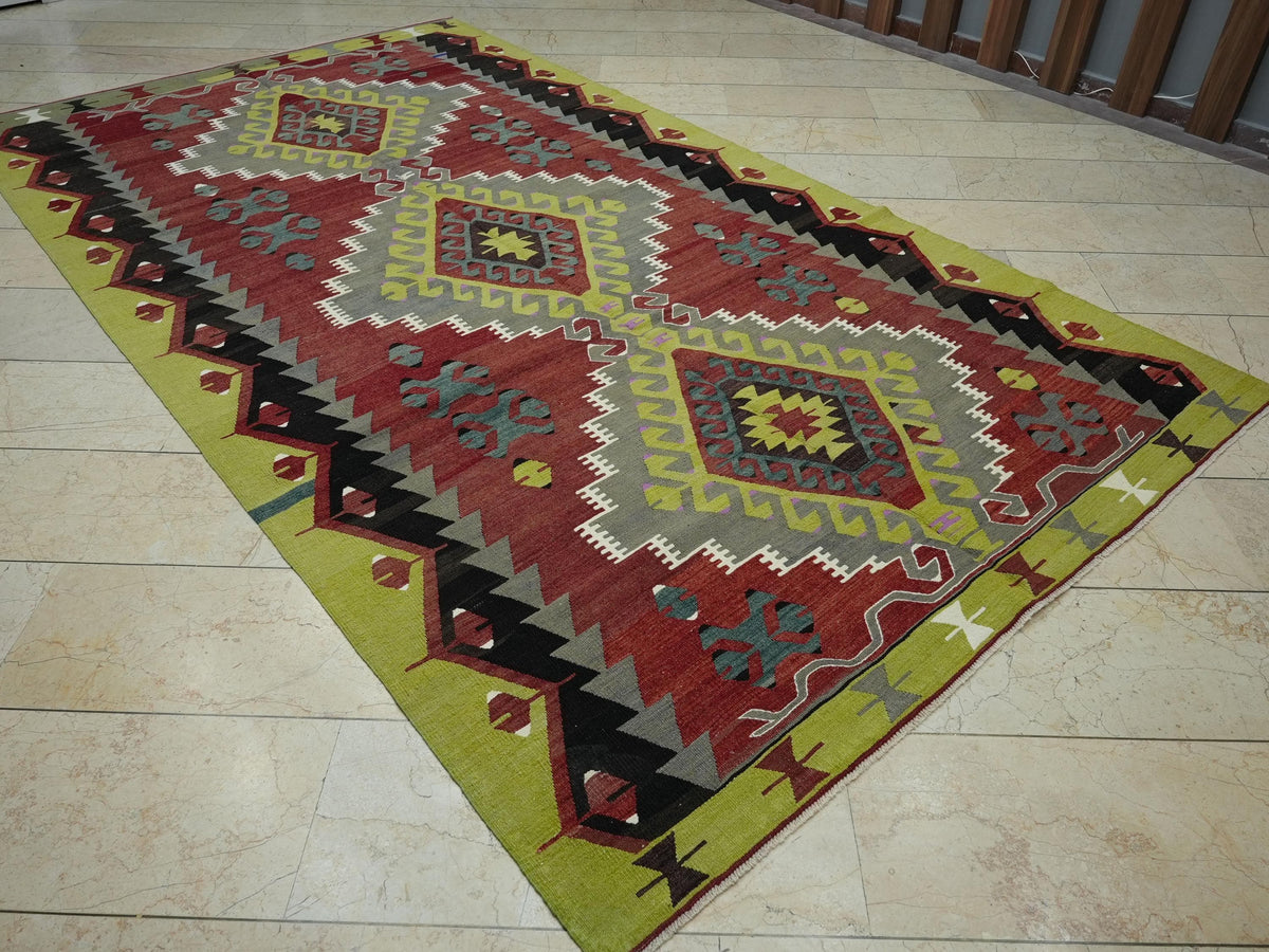 Tribal Kilim Rug: 6.3x11.3 ft, Turkish Flat Weave Mid-Century Antique Wool Rugs.