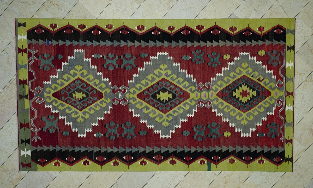 Tribal Kilim Rug: 6.3x11.3 ft, Turkish Flat Weave Mid-Century Antique Wool Rugs.