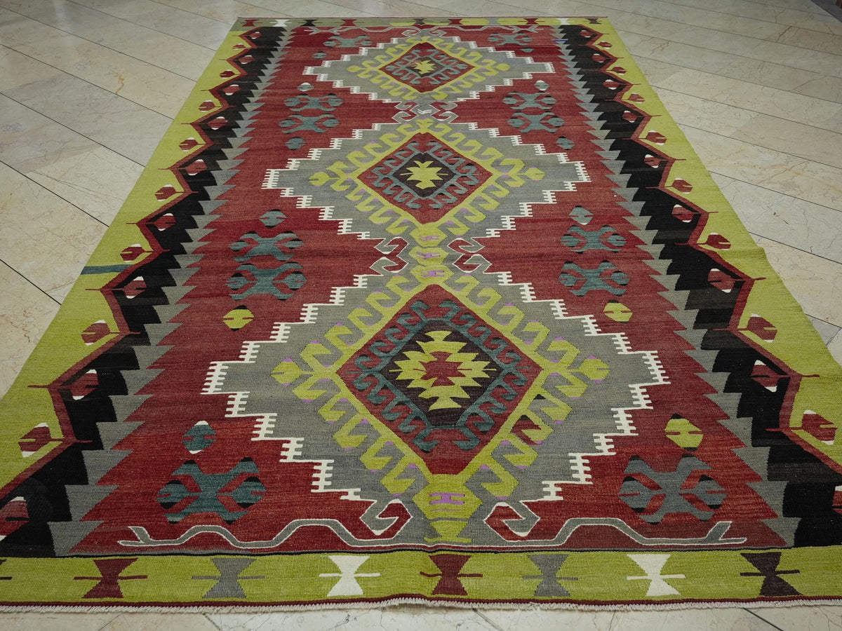 Tribal Kilim Rug: 6.3x11.3 ft, Turkish Flat Weave Mid-Century Antique Wool Rugs.