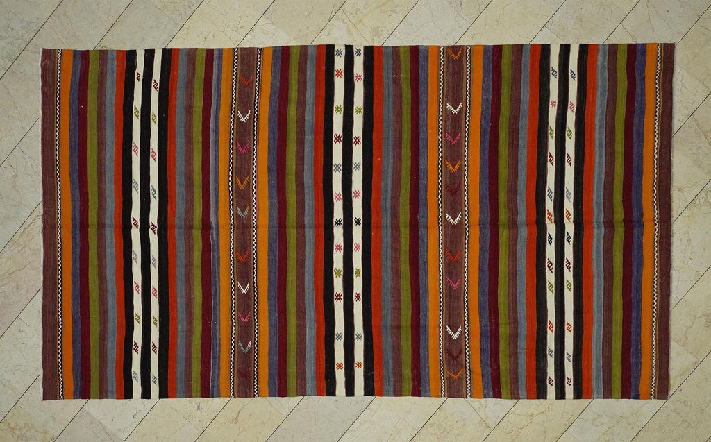 Vintage Turkish Kilim Rug: Multi Tribal Stripe, Handmade Wool (6,4x11,3 Feet)