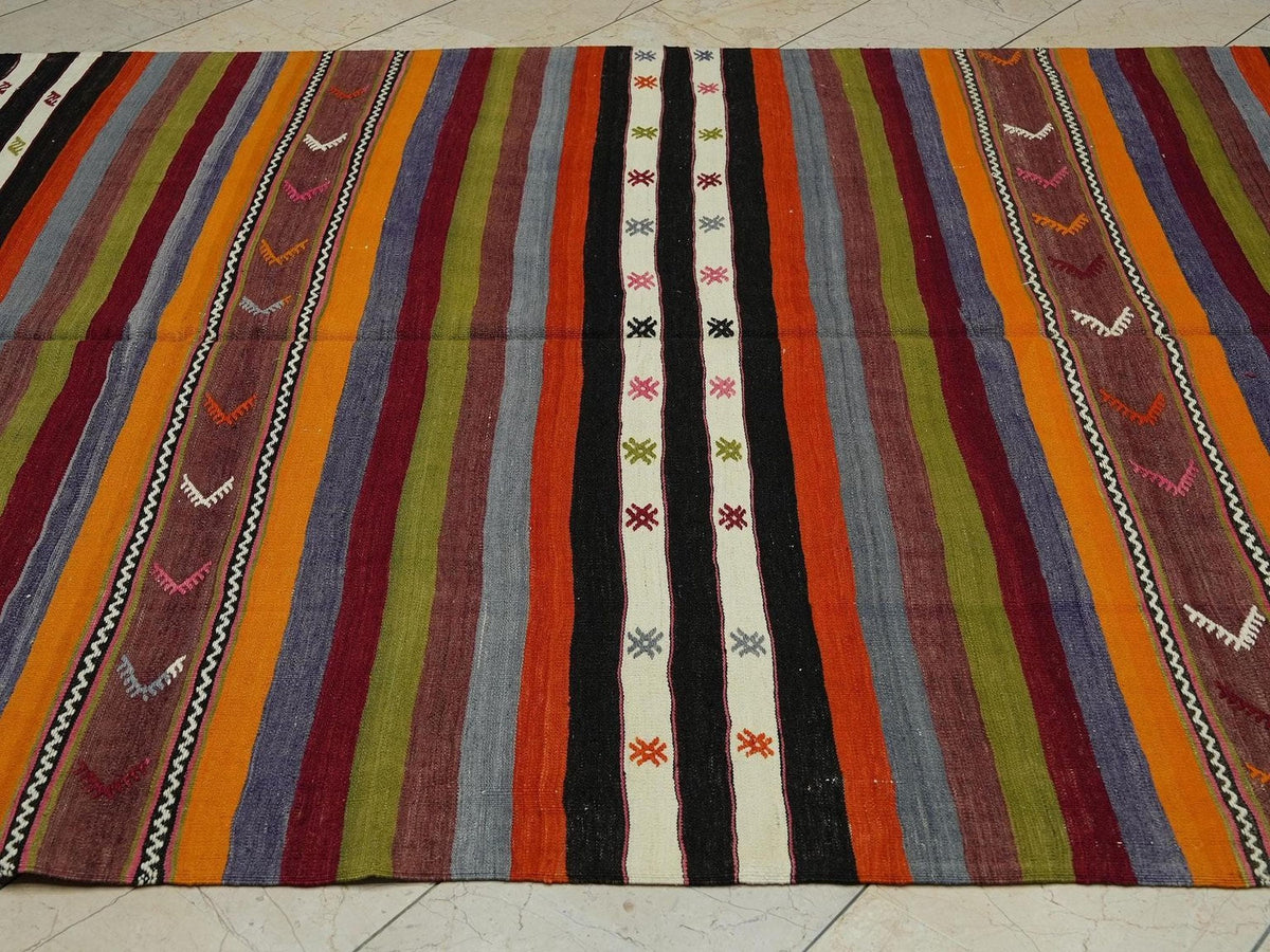 Vintage Turkish Kilim Rug: Multi Tribal Stripe, Handmade Wool (6,4x11,3 Feet)