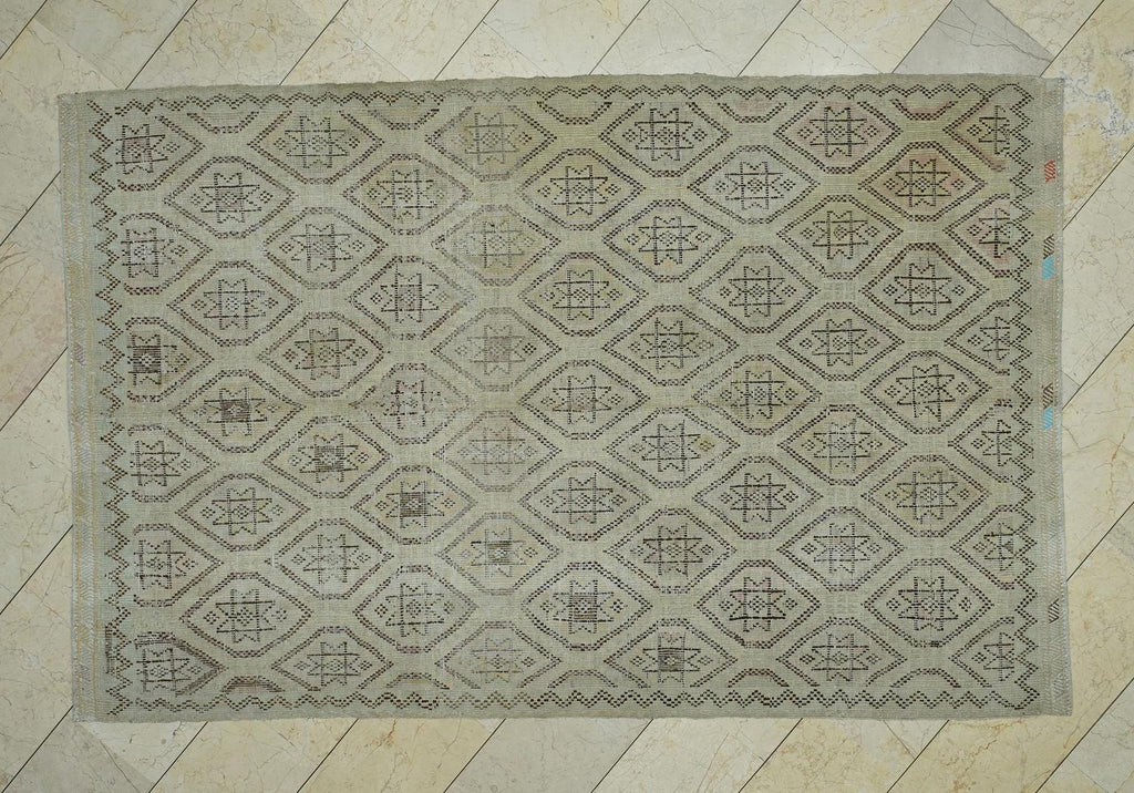 Honeycomb Pattern Wool Embroidered Beige Cotton Kilim Rug,6x9 Ft.