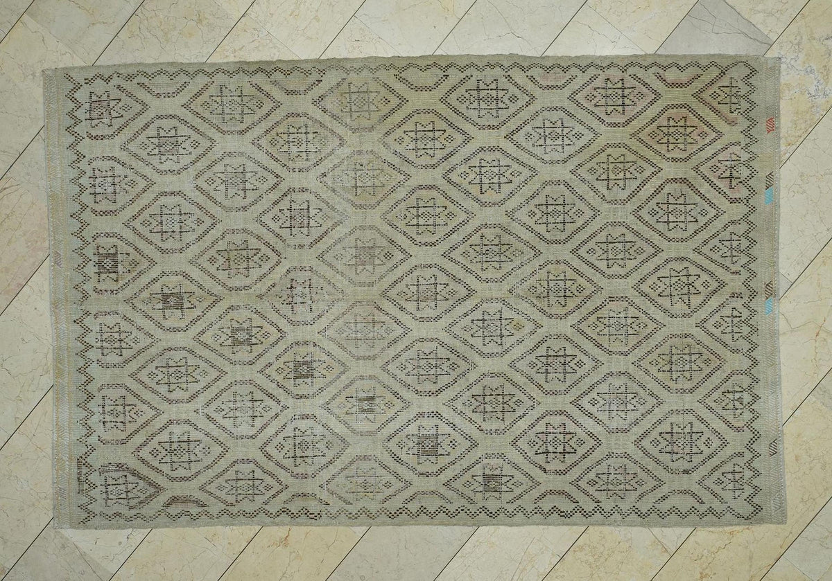 Honeycomb Pattern Wool Embroidered Beige Cotton Kilim Rug,6x9 Ft.