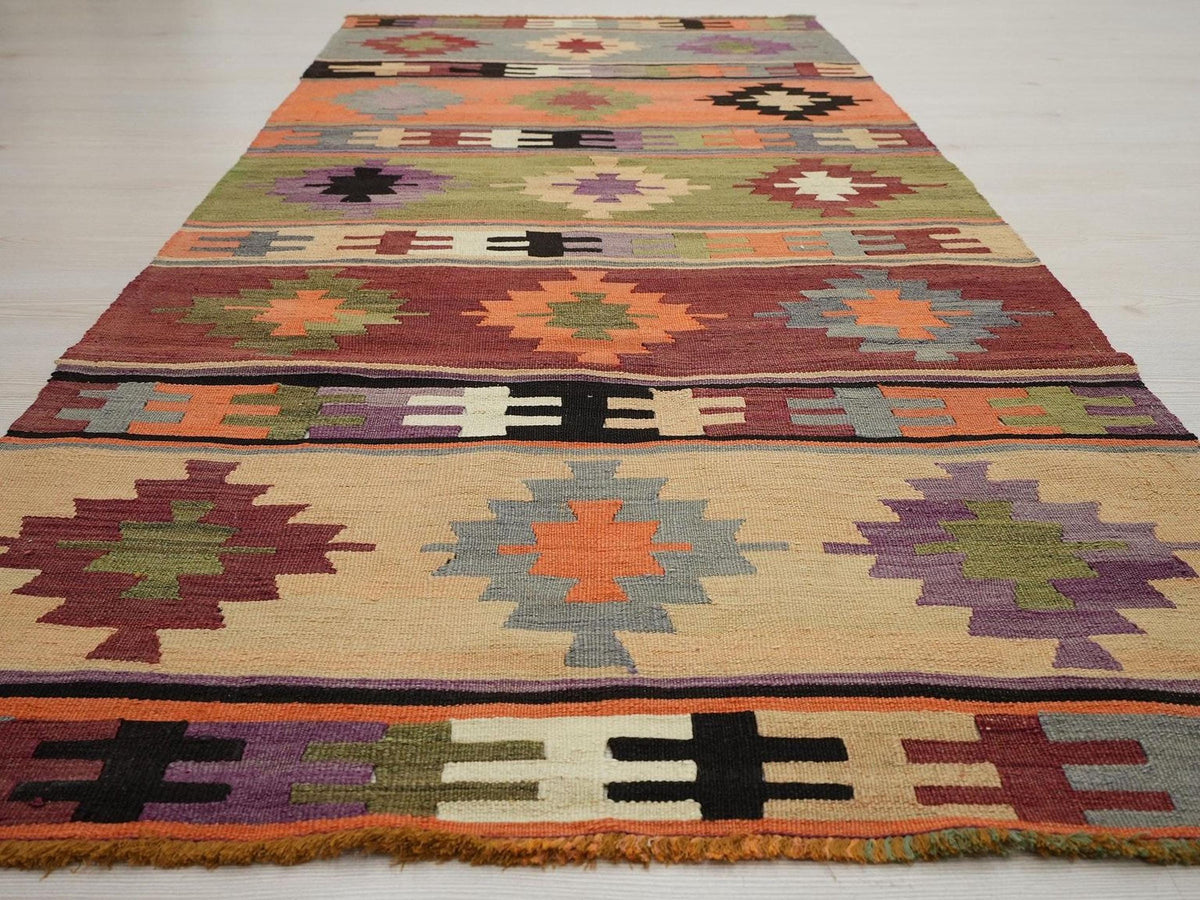 Small Vintage Turkish Kilim Rug,Handwoven Wool Rugs 3.4x7.5