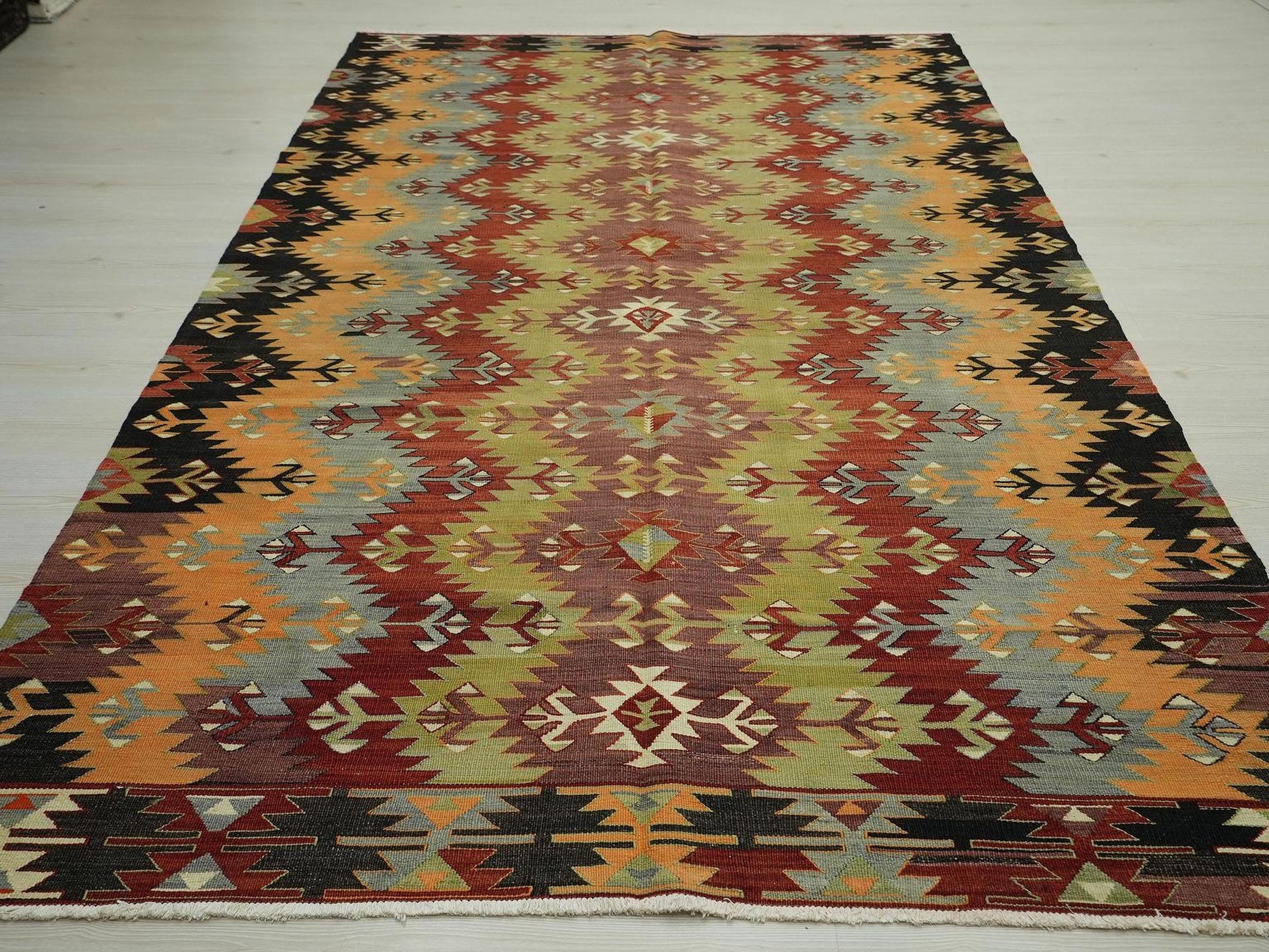 Antique Village Turkish Kilim Rug: Colorful Mid-Century Style Home Living Decor Rugs, 5.6x9.8 ft