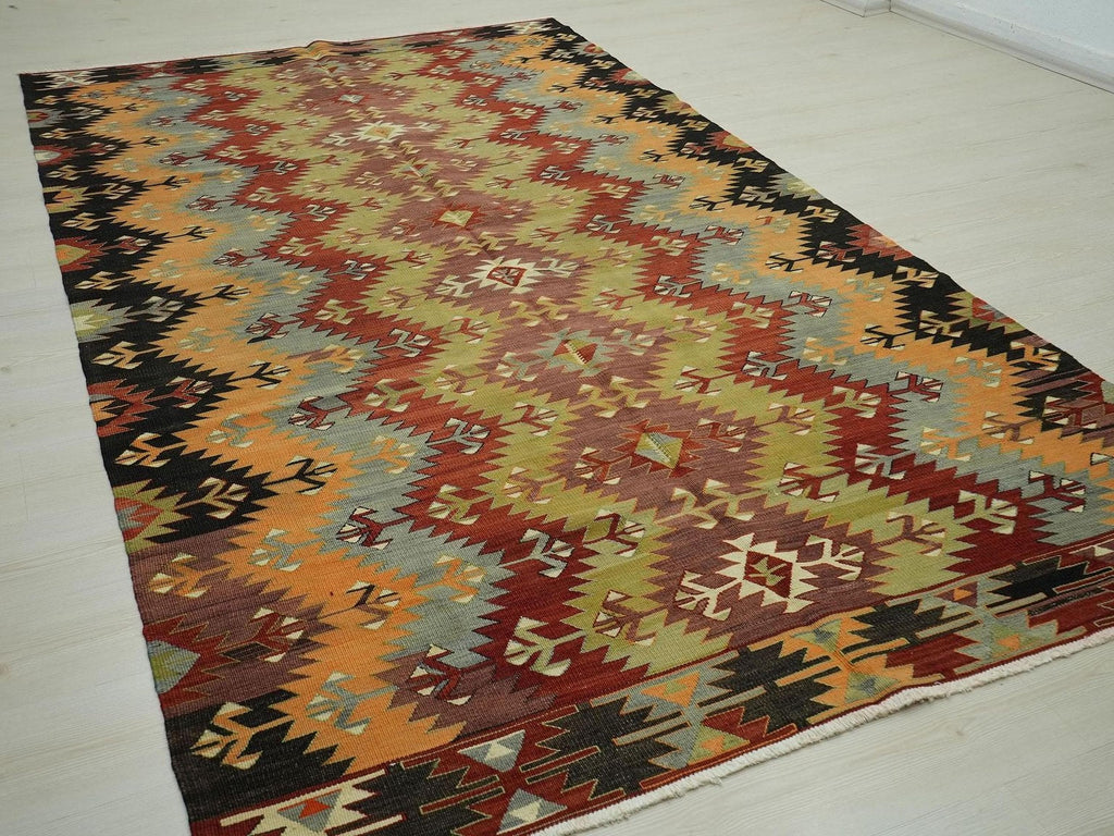 Antique Village Turkish Kilim Rug: Colorful Mid-Century Style Home Living Decor Rugs, 5.6x9.8 ft