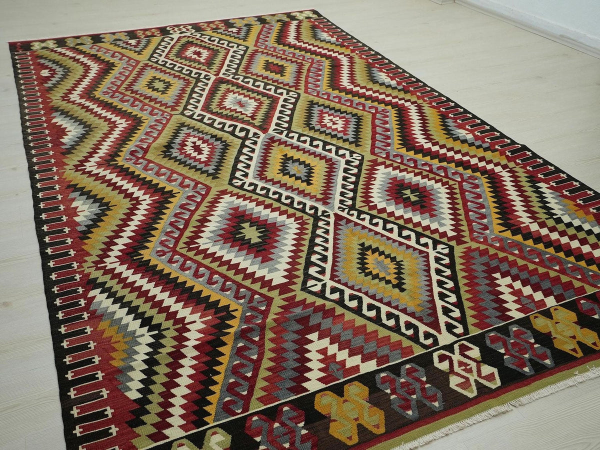 Large Colorful Kilim Rug: 6.2x10.2 ft, Vintage Turkish Flat Woven Rugs.