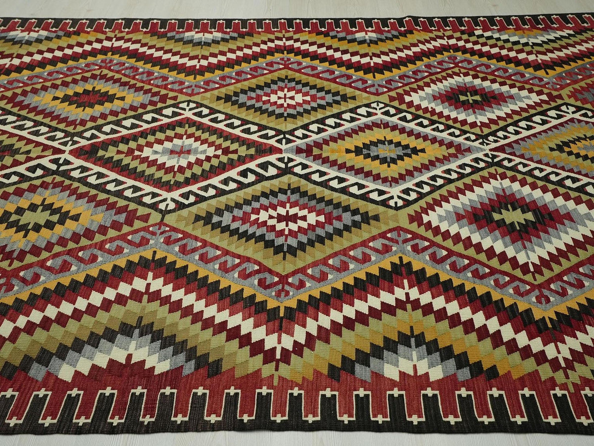 Large Colorful Kilim Rug: 6.2x10.2 ft, Vintage Turkish Flat Woven Rugs.
