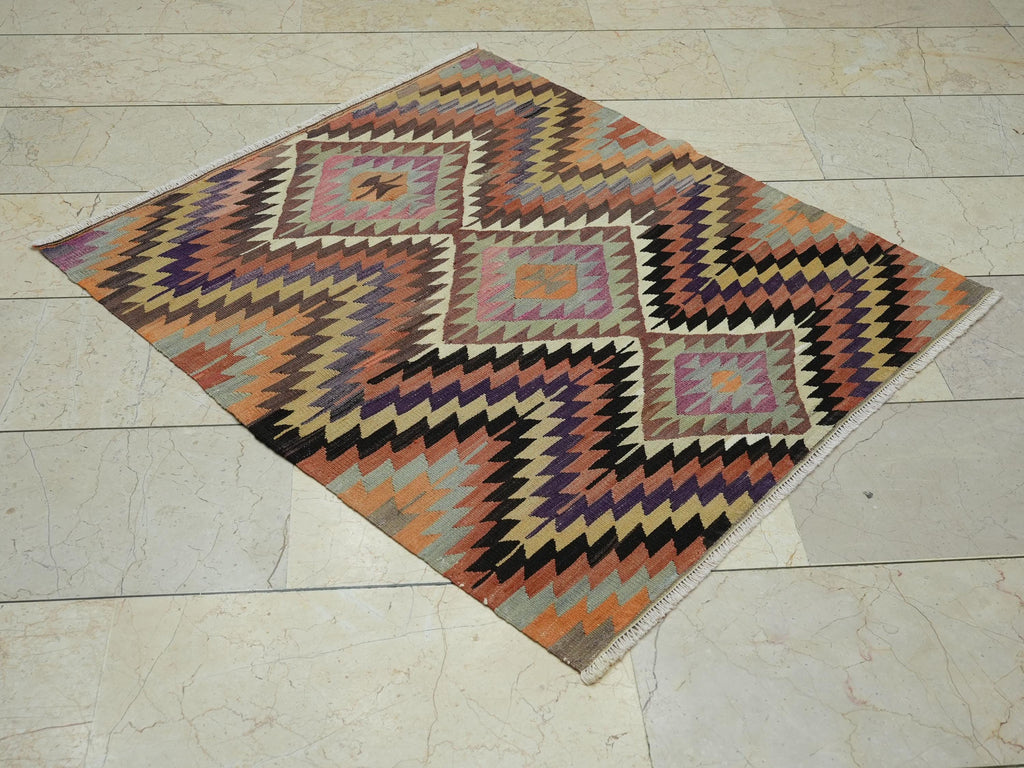 Small Square Size Zigzag Pattern Old Turkish Kilim Rug: 3.5x4 Feet,Valentine's day Gift.
