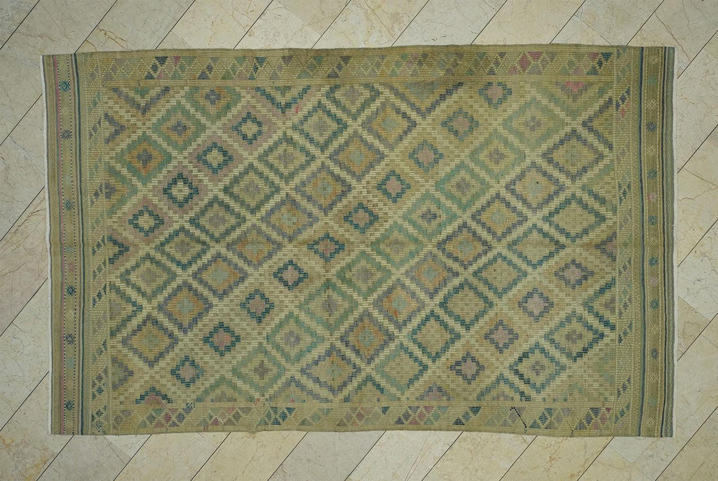 Embroidered Vintage Turkish Kilim Rug: 6.5x10.5, Flat Woven Faded Rugs