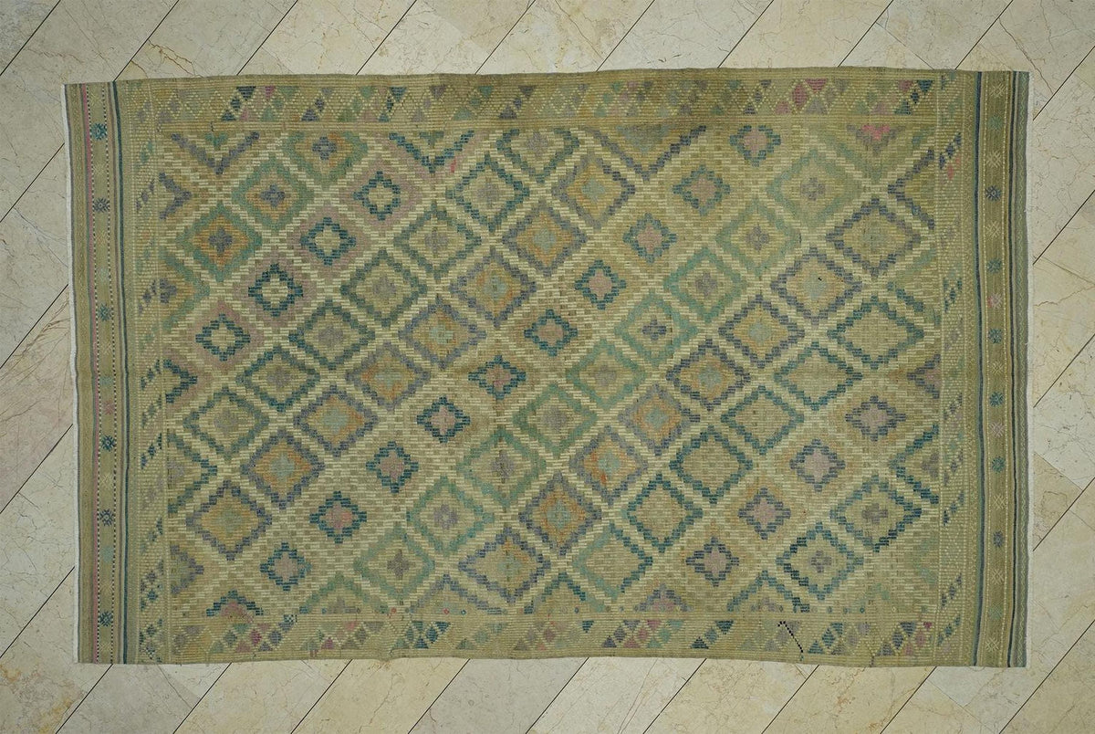 Embroidered Vintage Turkish Kilim Rug: 6.5x10.5, Flat Woven Faded Rugs