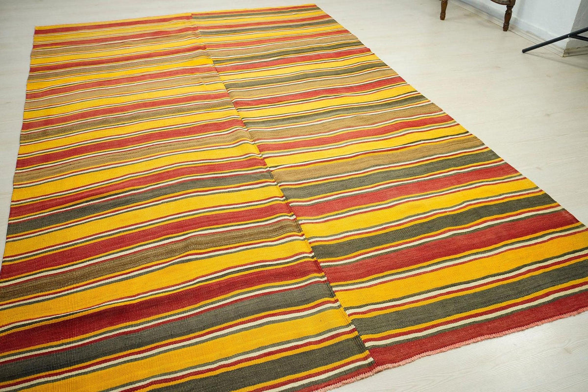 Yellow Striped Kilim Rug,Large Bohemian Turkish Rugs 6x10
