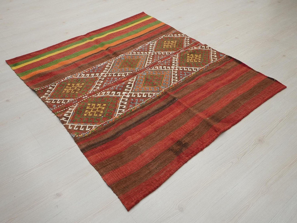 Antique Embroidered Turkish Kilim Rug: Striped Wool Wall Hanging Rugs,4.3x4.10 ft