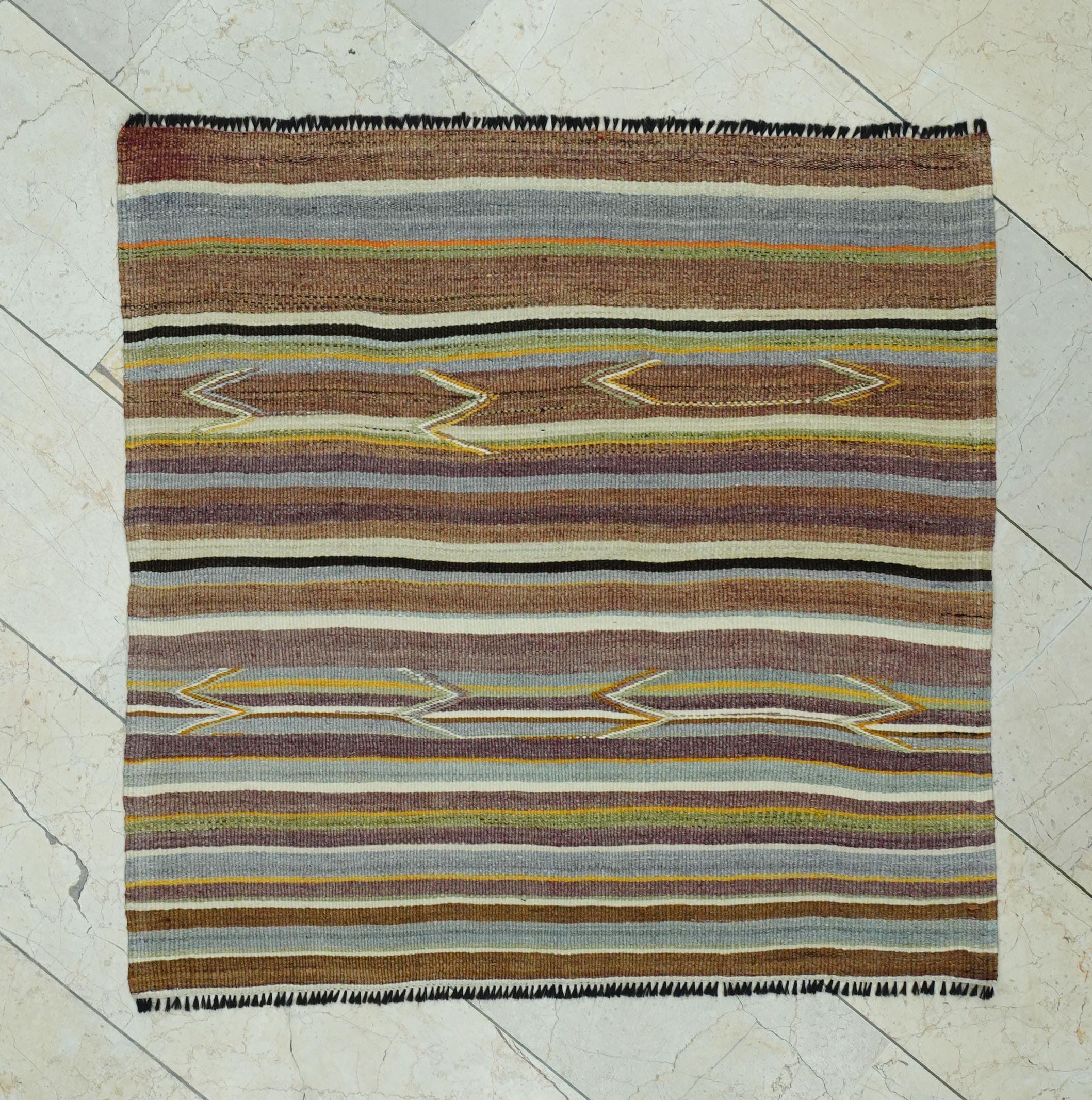 Tribal Square Kilim Rug: Antique Turkish Wool Rugs with Primitive Stripe Design, 3,6x3,6 ft.
