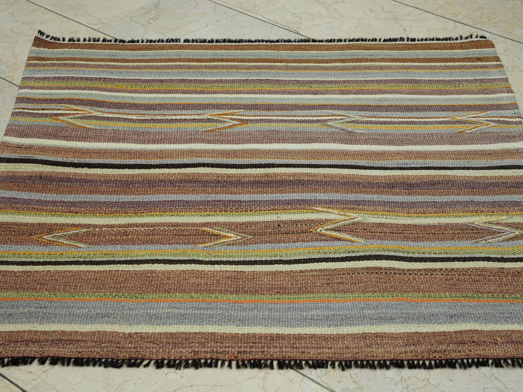 Tribal Square Kilim Rug: Antique Turkish Wool Rugs with Primitive Stripe Design, 3,6x3,6 ft.