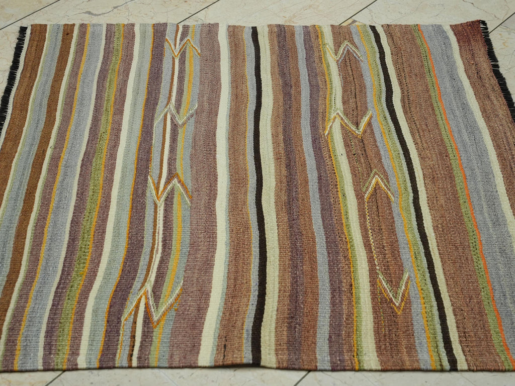 Tribal Square Kilim Rug: Antique Turkish Wool Rugs with Primitive Stripe Design, 3,6x3,6 ft.