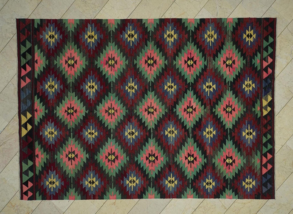 Vintage Turkish Kilim Rug: 7x10.3 ft, Tribal Flat Weave Wool Rugs