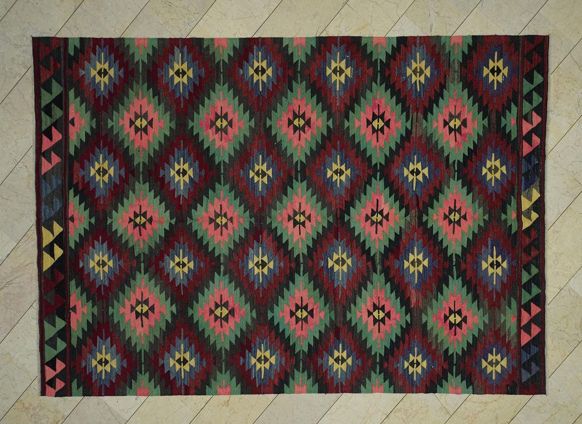Vintage Turkish Kilim Rug: 7x10.3 ft, Tribal Flat Weave Wool Rugs