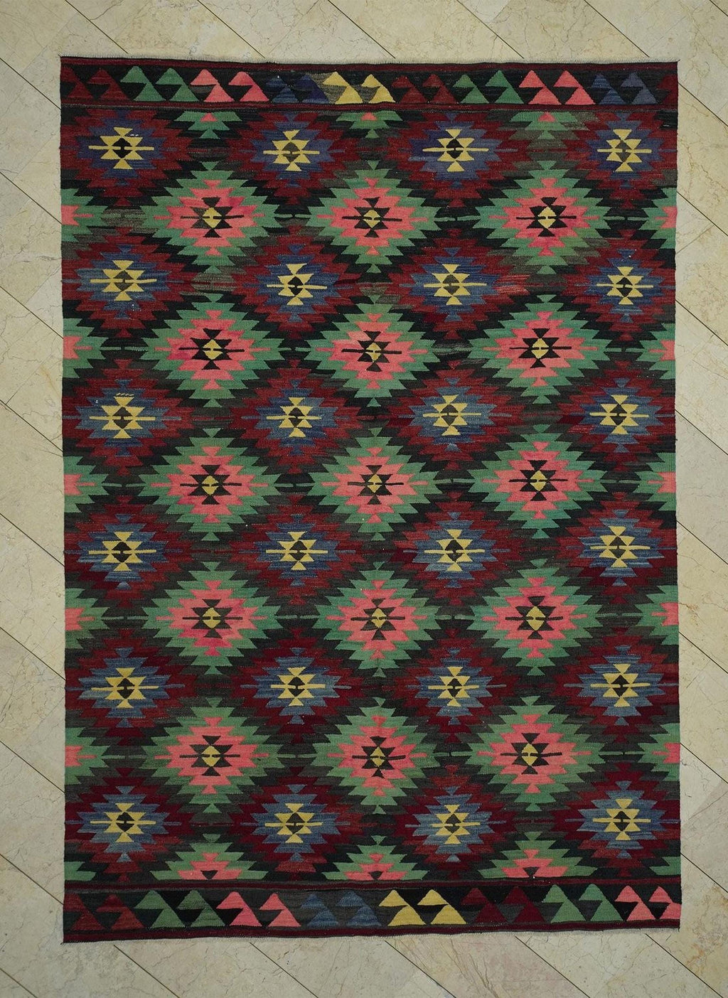 Vintage Turkish Kilim Rug: 7x10.3 ft, Tribal Flat Weave Wool Rugs