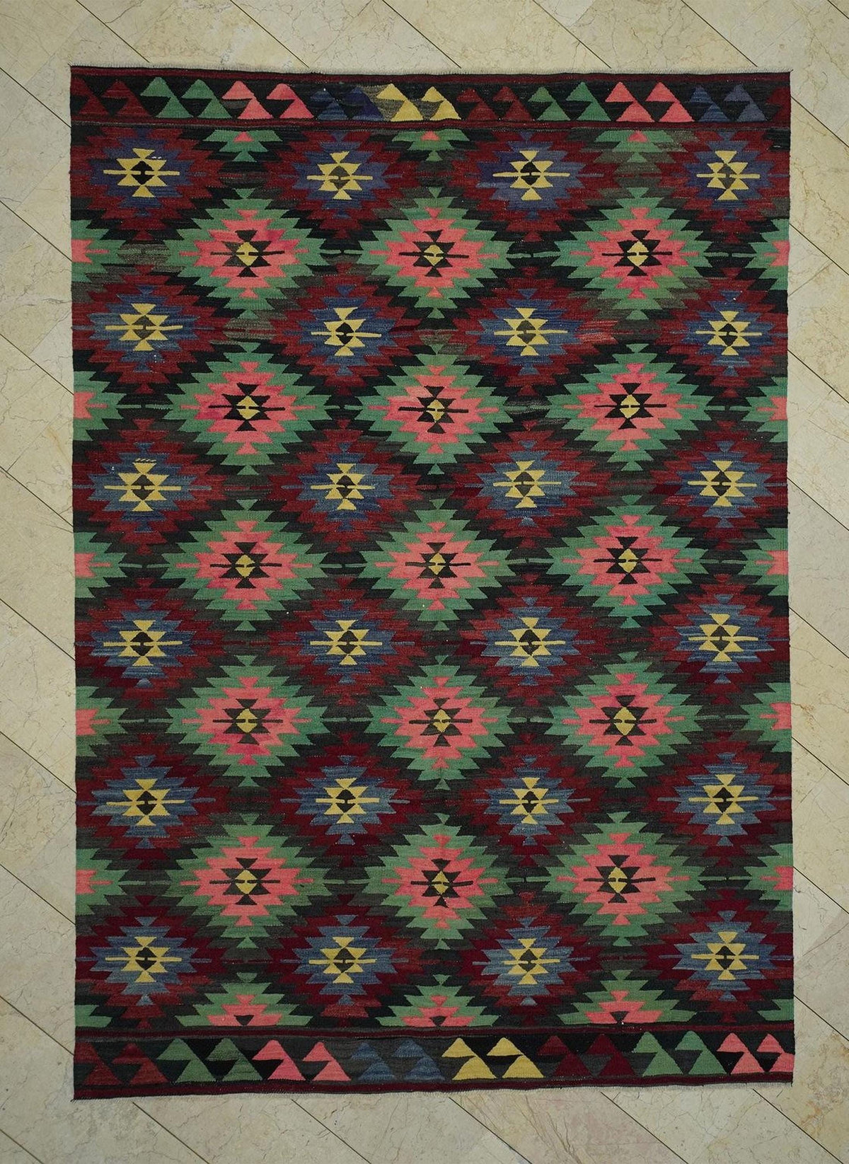 Vintage Turkish Kilim Rug: 7x10.3 ft, Tribal Flat Weave Wool Rugs
