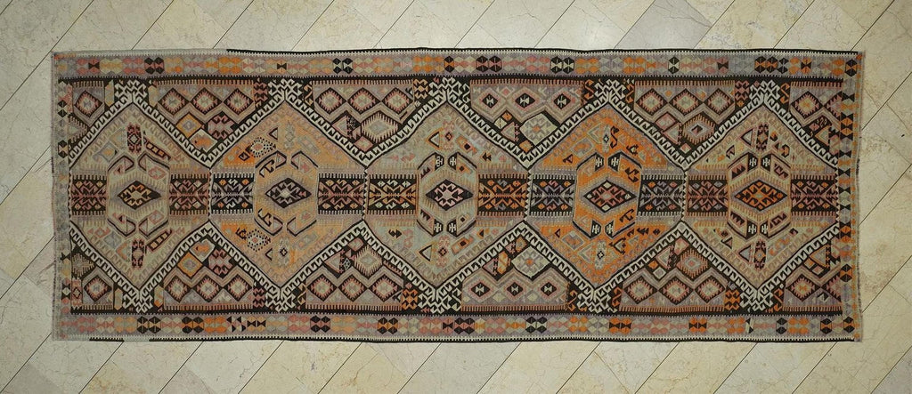 Antique Kars Kilim Rug Runner: 5x13 Turkish Flat Weave Hallway Decor
