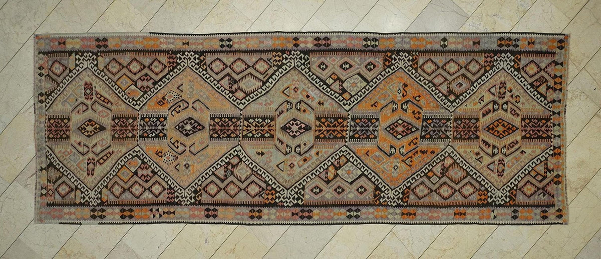 Antique Kars Kilim Rug Runner: 5x13 Turkish Flat Weave Hallway Decor