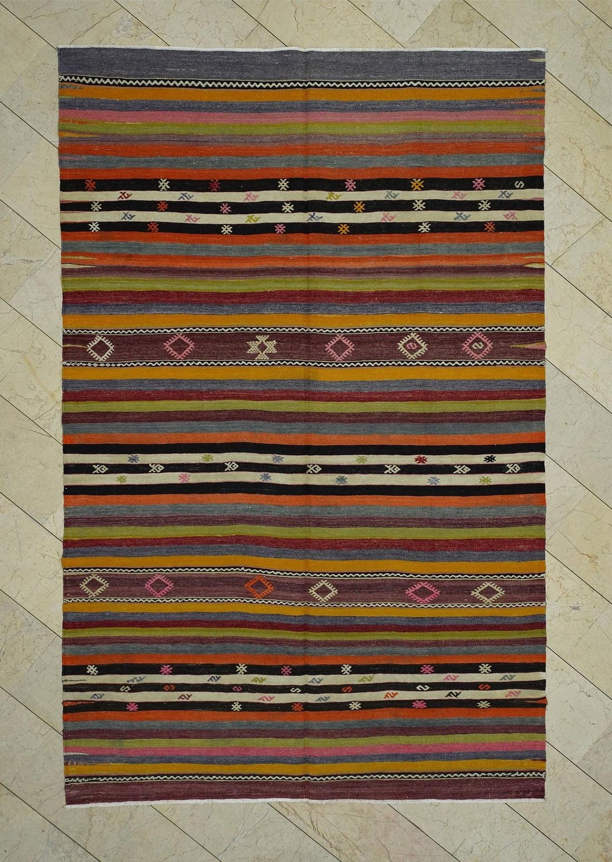 Large Stripe Kilim Rug: 6.6"x10.1" Handwoven Turkish Rugs