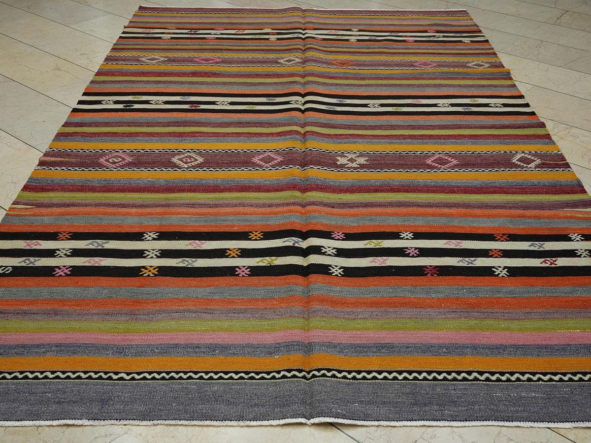 Large Stripe Kilim Rug: 6.6"x10.1" Handwoven Turkish Rugs