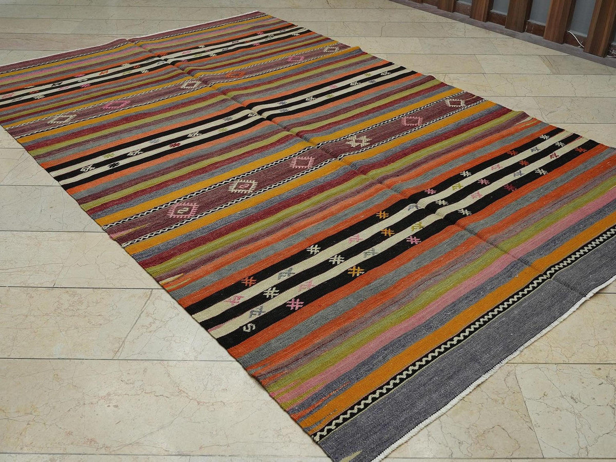 Large Stripe Kilim Rug: 6.6"x10.1" Handwoven Turkish Rugs