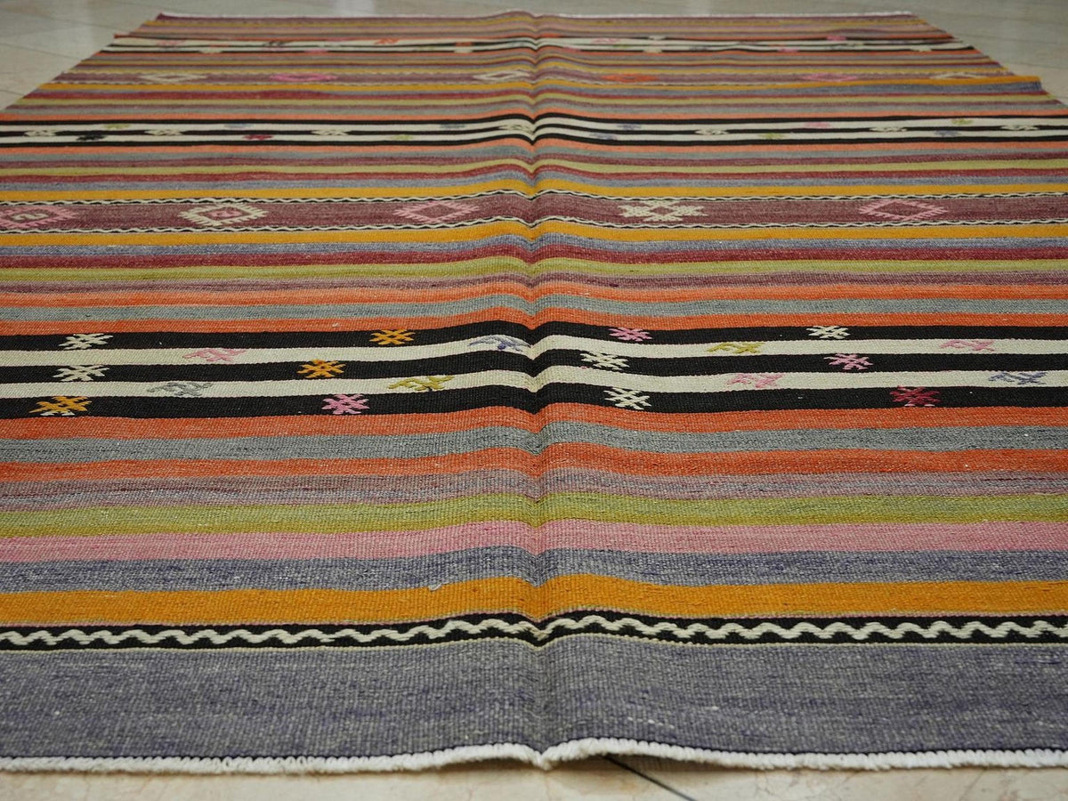 Large Stripe Kilim Rug: 6.6"x10.1" Handwoven Turkish Rugs