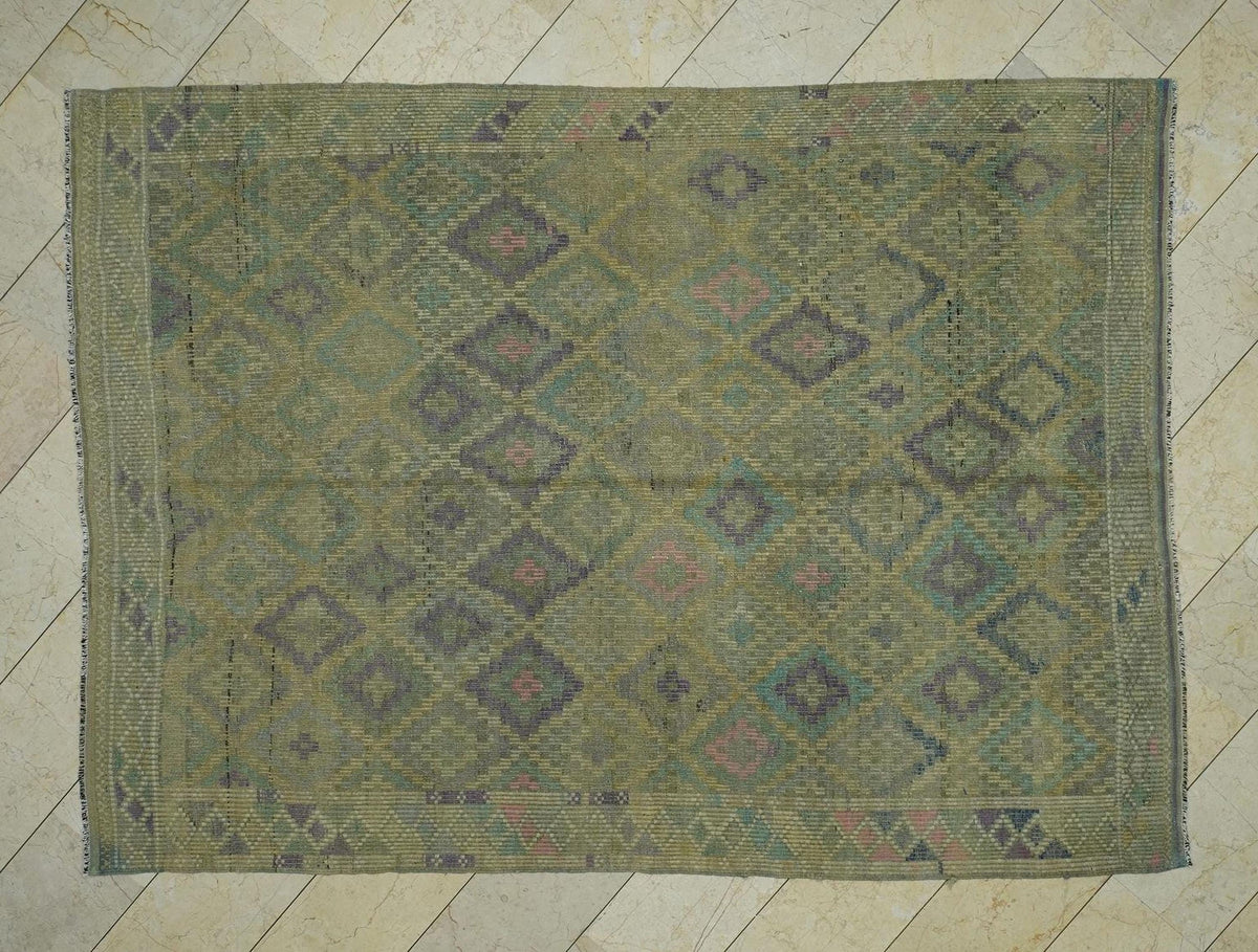 Vintage Turkish Kilim Rug: 6,5x9 Mid-Century Modern Flat Weave Rugs.