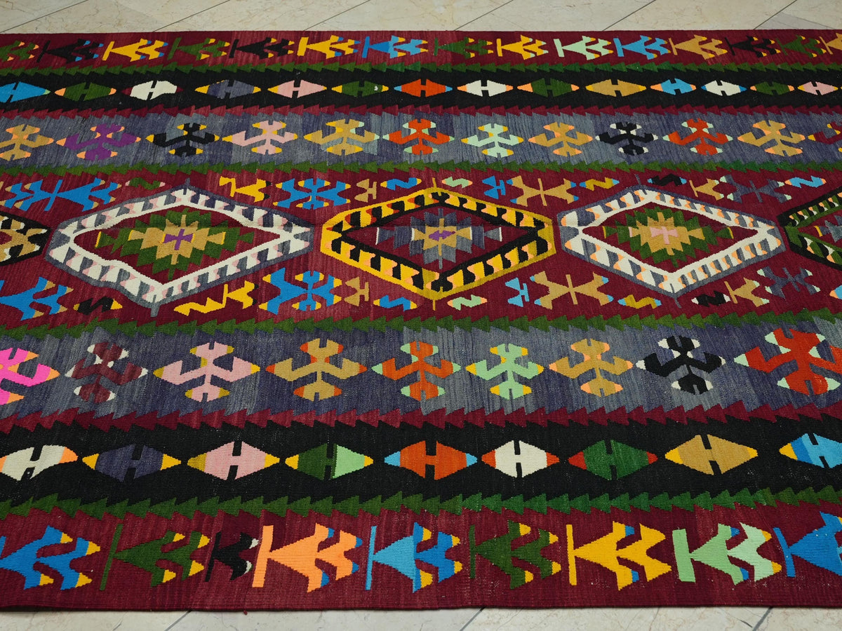 Colorful Turkish Kilim Rug: 6.2"x10.7" Vintage Flat Woven Rugs.