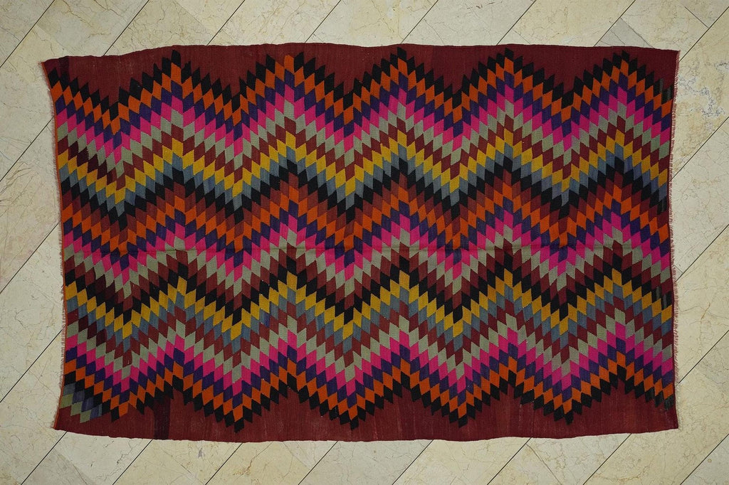 Handmade Turkish Pink Kilim Rug: Colorful Flat Weave Wool Rugs, 5,8"x8,6" Feet.