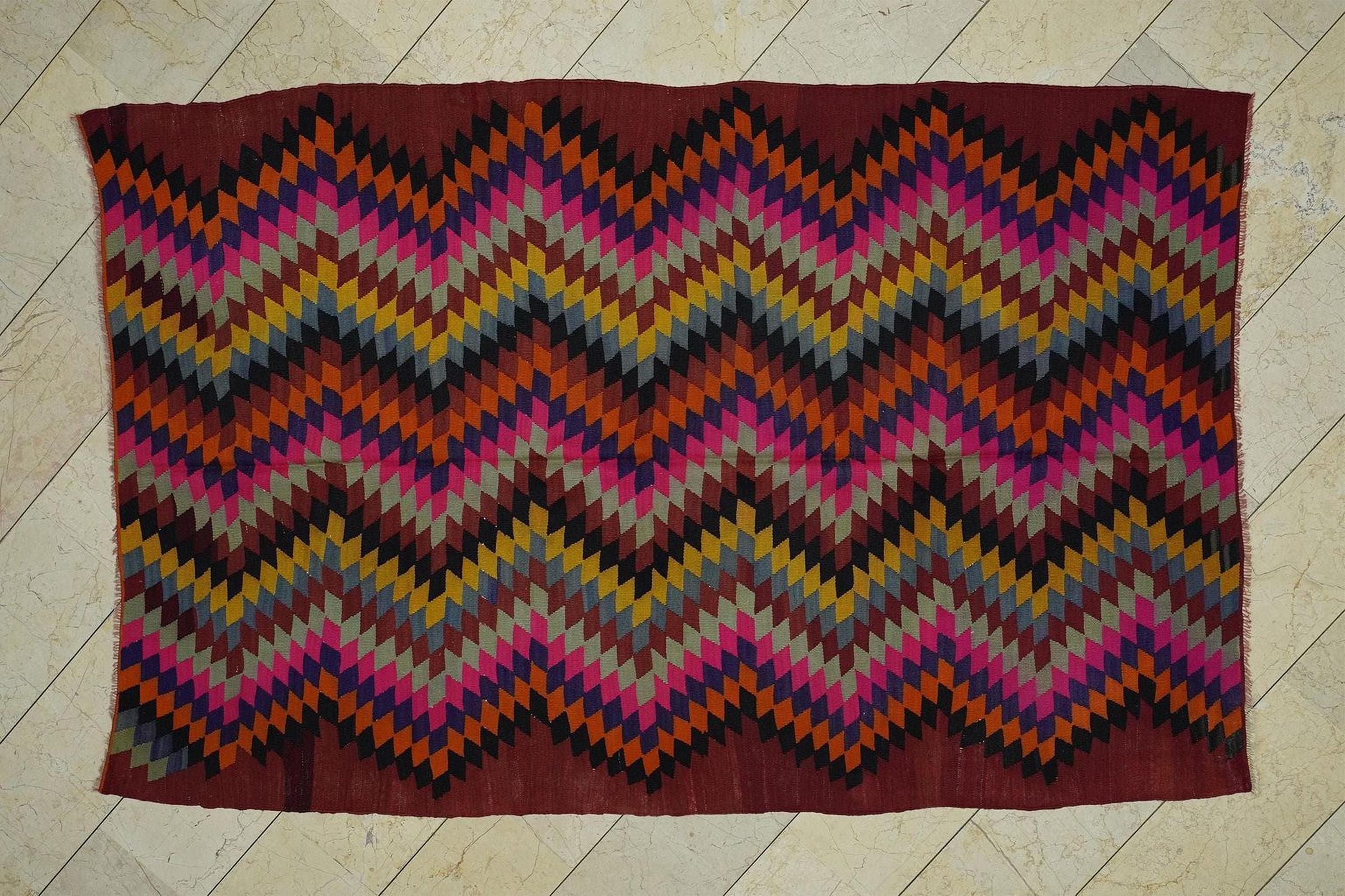 Handmade Turkish Pink Kilim Rug: Colorful Flat Weave Wool Rugs, 5,8"x8,6" Feet.