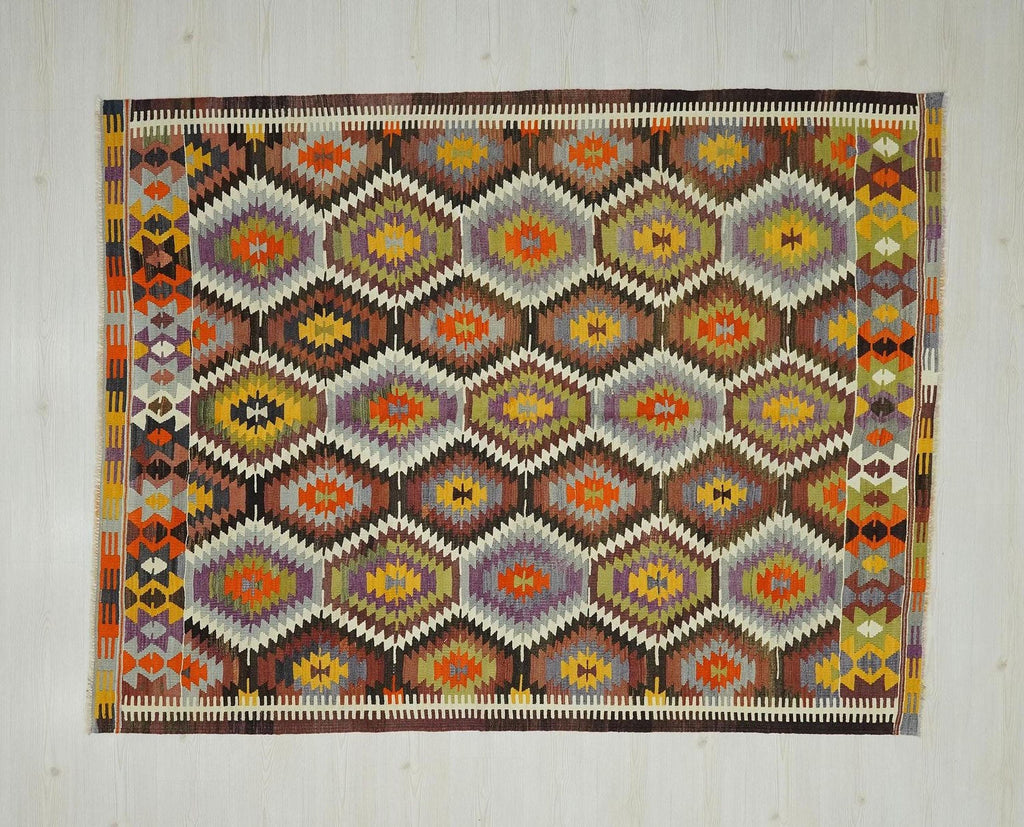 Colorful Old Turkish Kilim Rug: 5.6x7.2 ft,Handmade Antique Flat Woven Rugs.