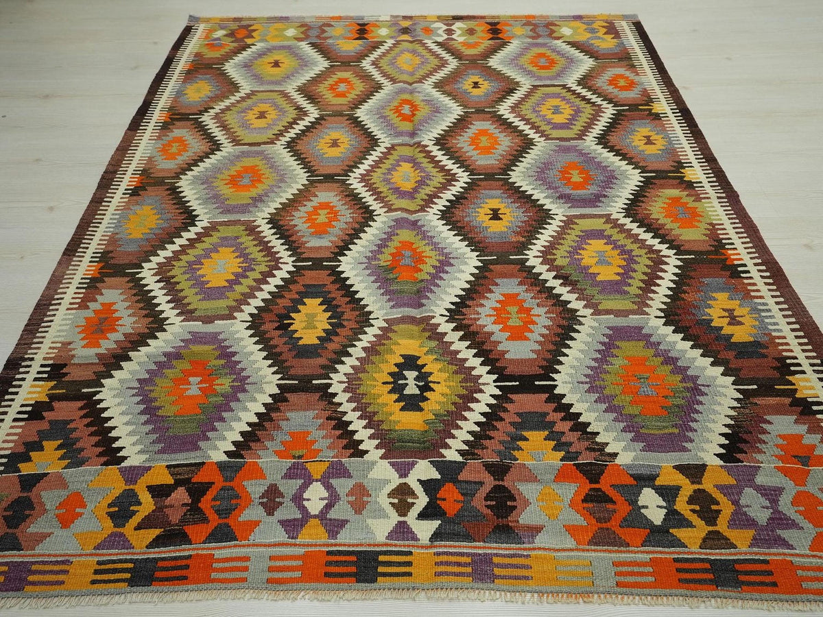Colorful Old Turkish Kilim Rug: 5.6x7.2 ft,Handmade Antique Flat Woven Rugs.