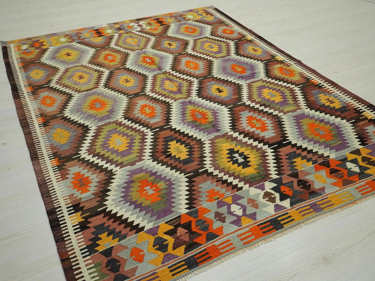 Colorful Old Turkish Kilim Rug: 5.6x7.2 ft,Handmade Antique Flat Woven Rugs.