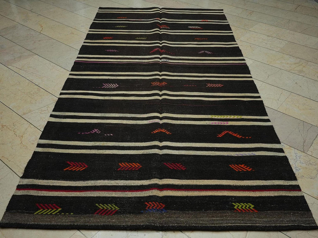 Vintage Goat Hair Kilim Rug: 5.1x10.2 ft, Natural Brown Turkish Rugs