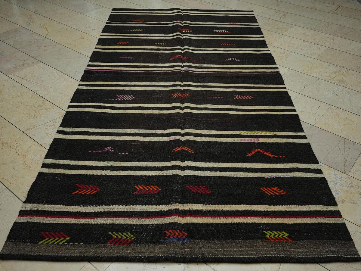 Vintage Goat Hair Kilim Rug: 5.1x10.2 ft, Natural Brown Turkish Rugs