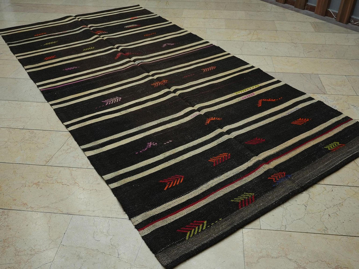 Vintage Goat Hair Kilim Rug: 5.1x10.2 ft, Natural Brown Turkish Rugs