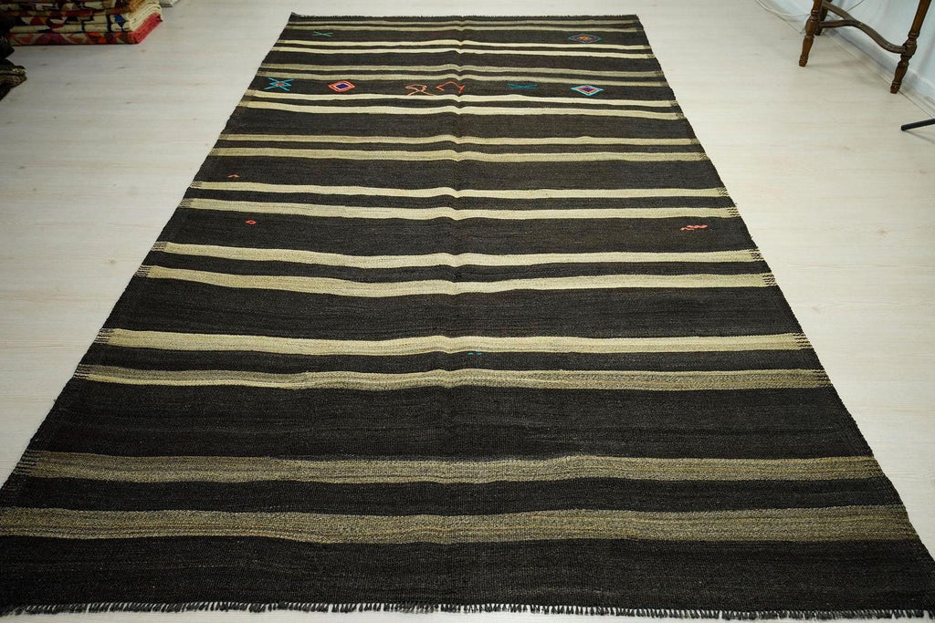 Oversized Goat Hair Kilim Rug: Dark Brown & Gray Striped Rugs, 6.3x11.2 ft.