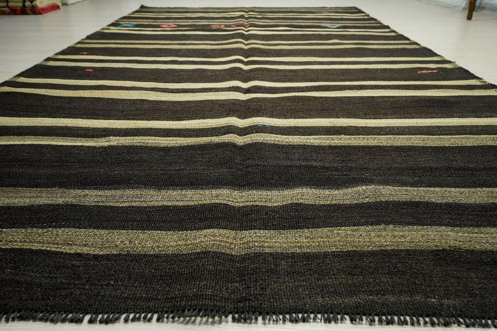 Oversized Goat Hair Kilim Rug: Dark Brown & Gray Striped Rugs, 6.3x11.2 ft.