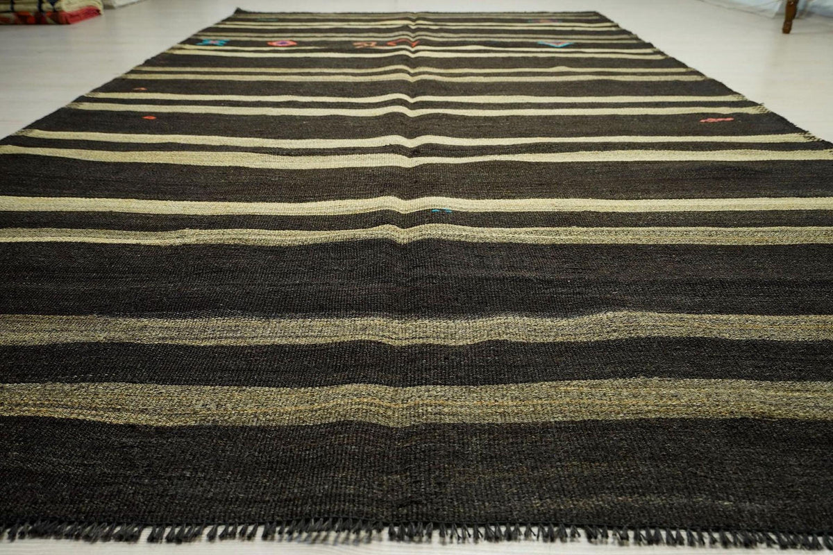 Oversized Goat Hair Kilim Rug: Dark Brown & Gray Striped Rugs, 6.3x11.2 ft.