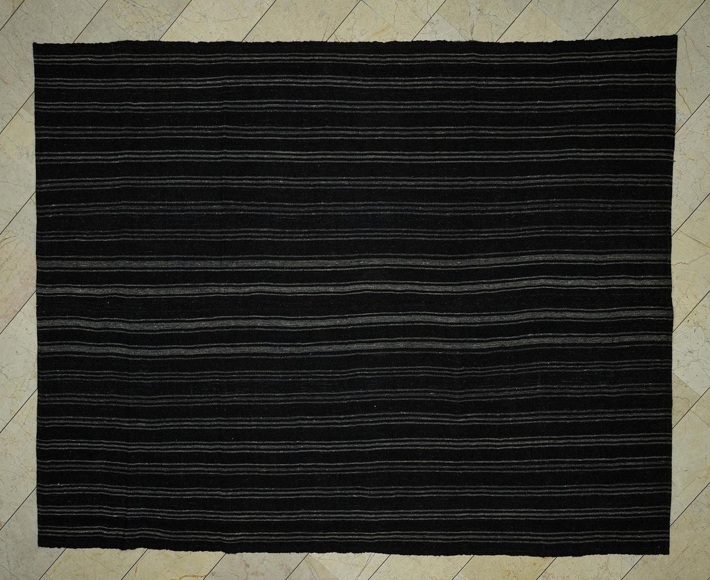 8x10 Scandinavian Style Dark Brown And Gray Striped Turkish Goat Hair Kilim Rug.