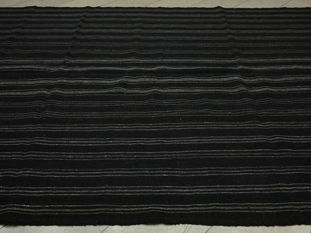 8x10 Scandinavian Style Dark Brown And Gray Striped Turkish Goat Hair Kilim Rug.