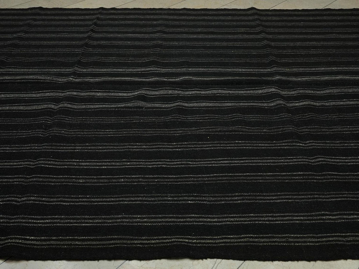 8x10 Scandinavian Style Dark Brown And Gray Striped Turkish Goat Hair Kilim Rug.