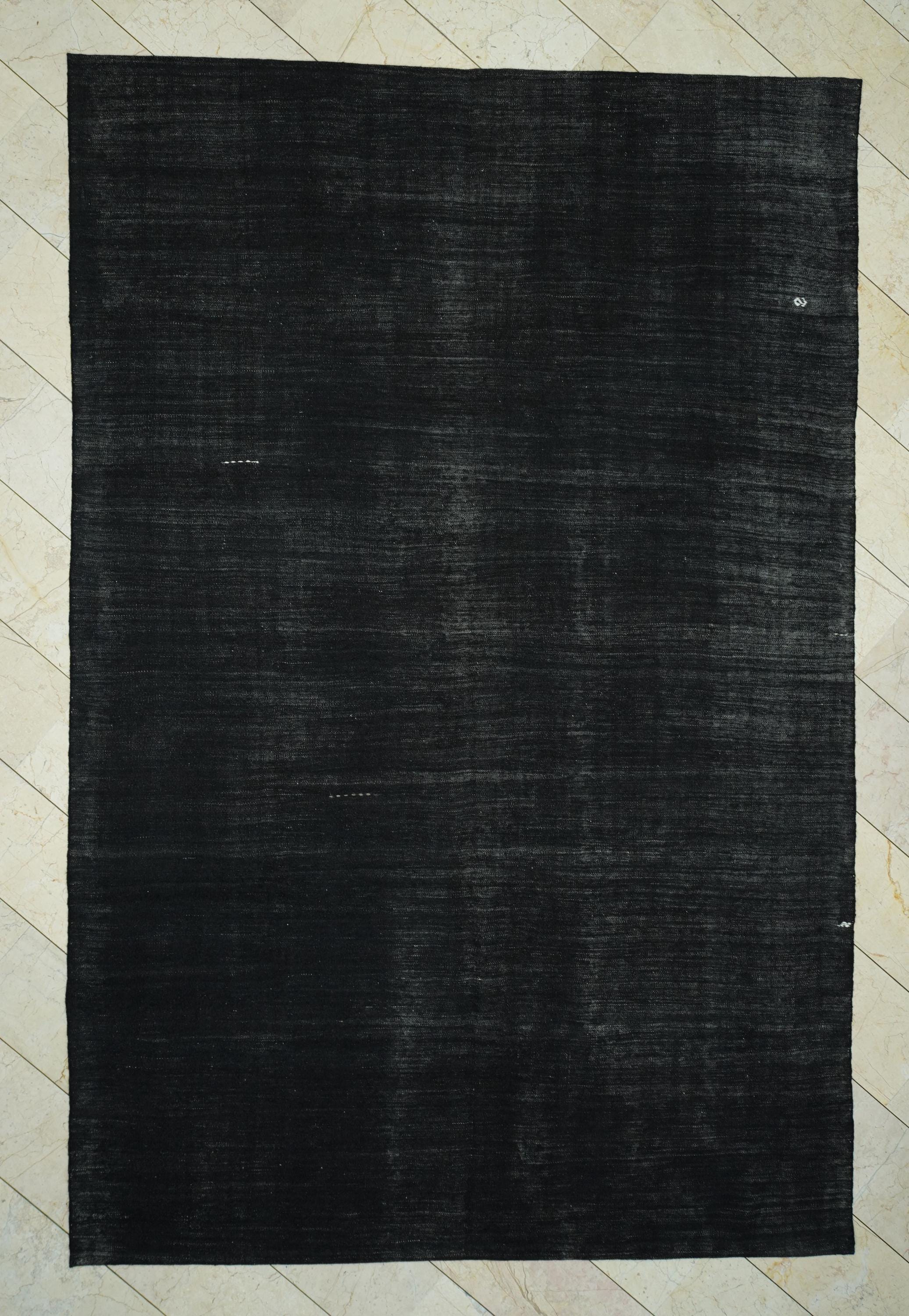 Vintage Goat Hair Kilim Rug: 7.6x11.5 Ft,Natural Dark Brown Anatolian Flat Weave Rugs.