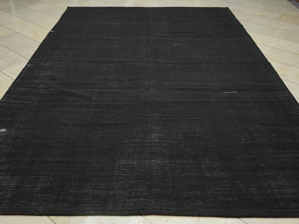 Vintage Goat Hair Kilim Rug: 7.6x11.5 Ft,Natural Dark Brown Anatolian Flat Weave Rugs.