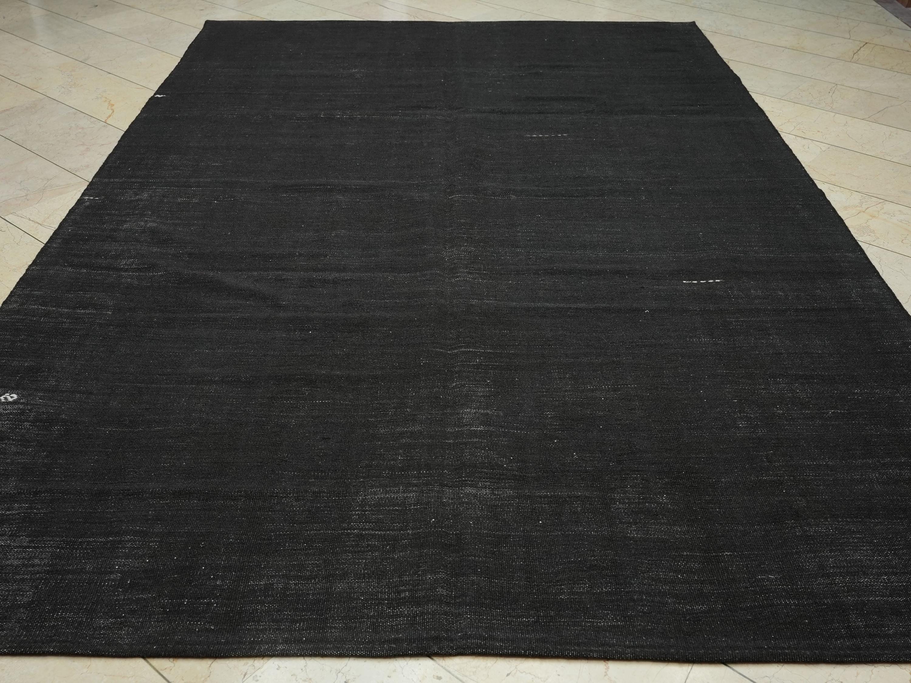 Vintage Goat Hair Kilim Rug: 7.6x11.5 Ft,Natural Dark Brown Anatolian Flat Weave Rugs.