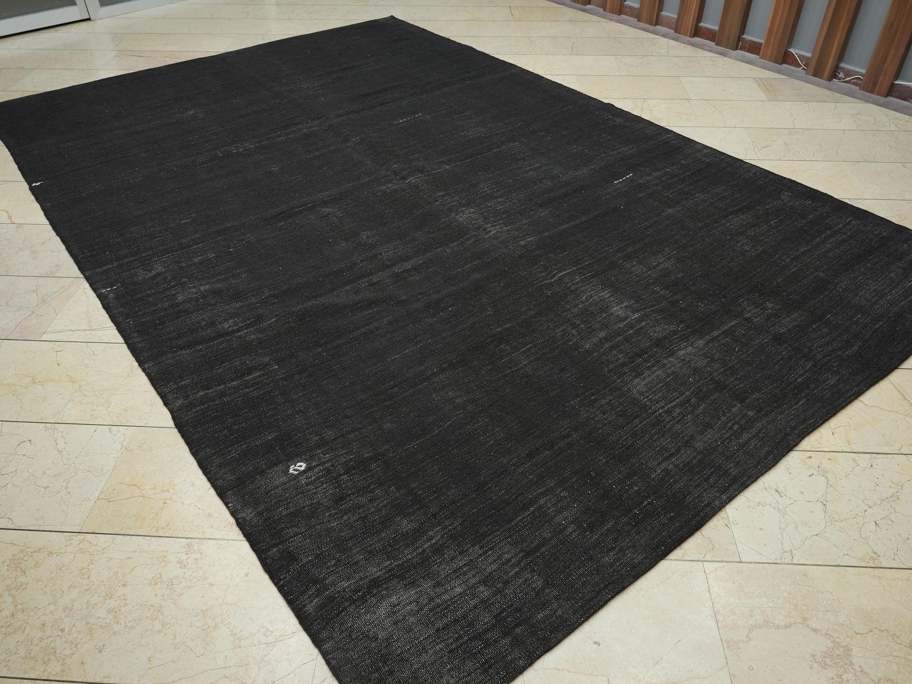 Vintage Goat Hair Kilim Rug: 7.6x11.5 Ft,Natural Dark Brown Anatolian Flat Weave Rugs.
